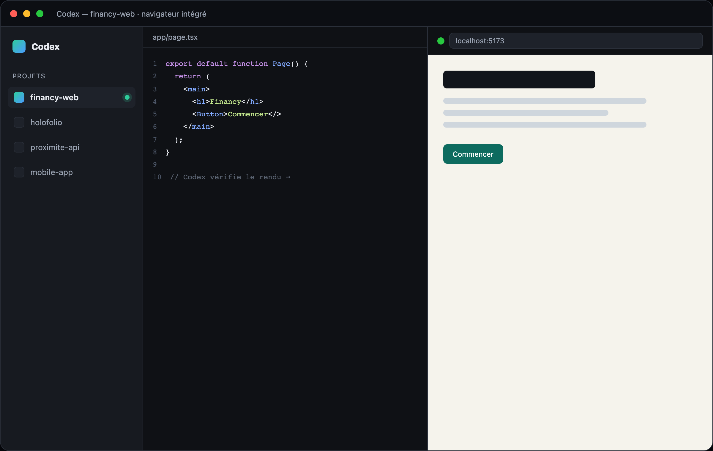 Codex avec un navigateur intégré affichant un site à côté du code