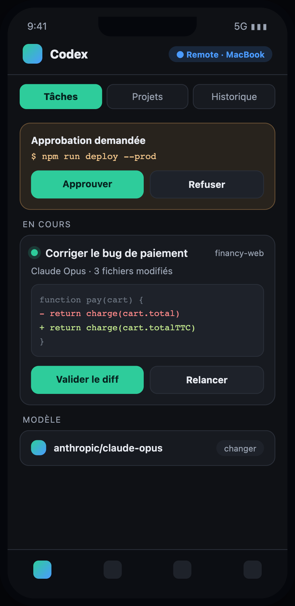 App Codex sur téléphone : approbation de commande, diff à valider et choix du modèle en remote