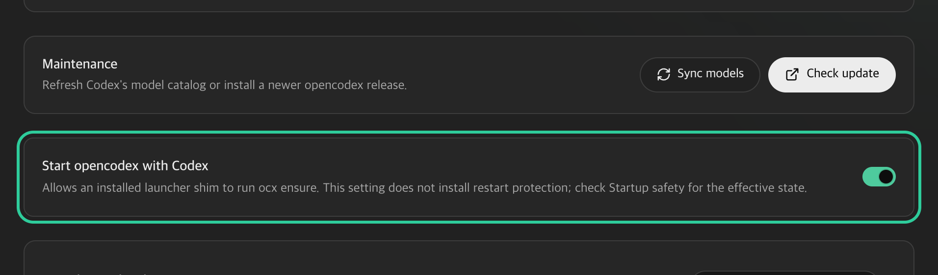 Option « Start opencodex with Codex » activée dans le dashboard OpenCodex