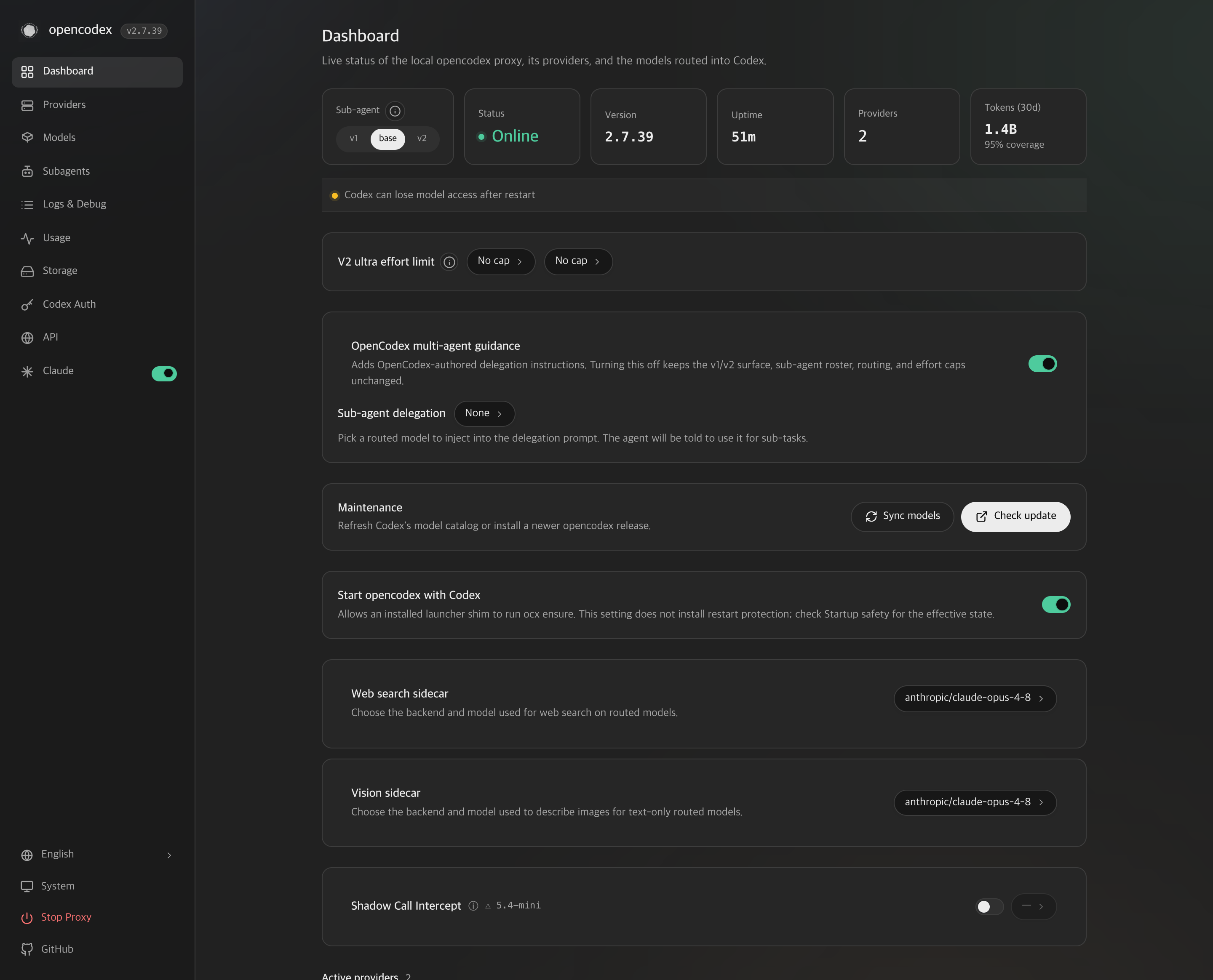 Dashboard OpenCodex : statut en ligne, version, providers, tokens
