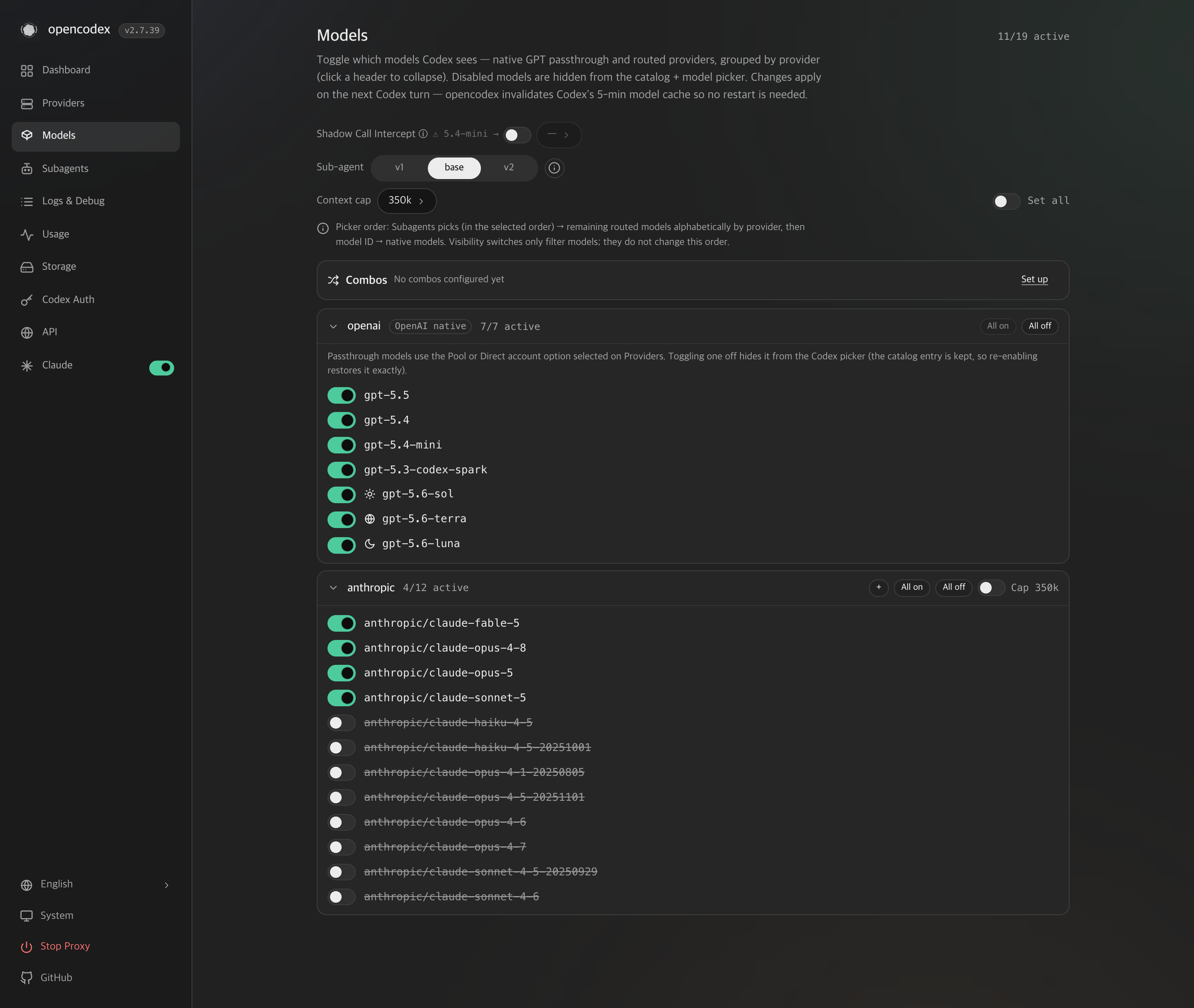 Page Models OpenCodex : modèles Anthropic activés pour le sélecteur Codex