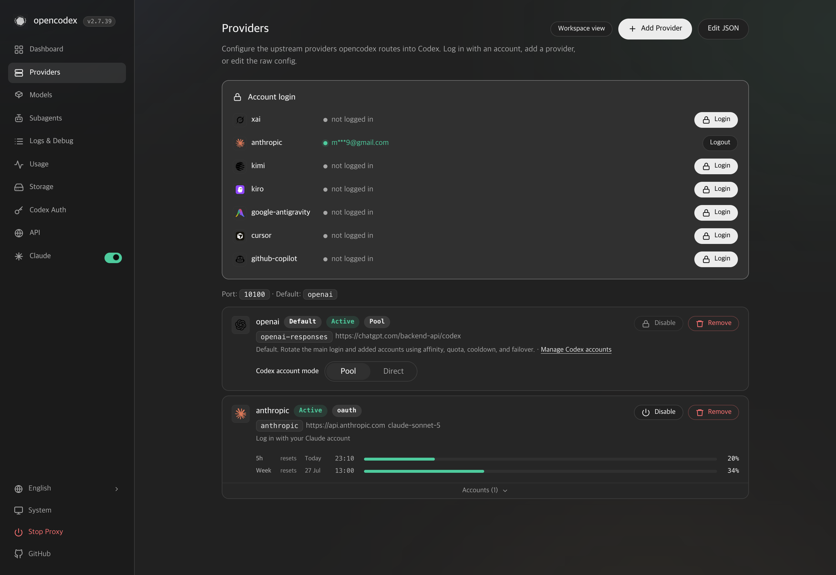 Page Providers OpenCodex avec Anthropic connecté et OpenAI par défaut